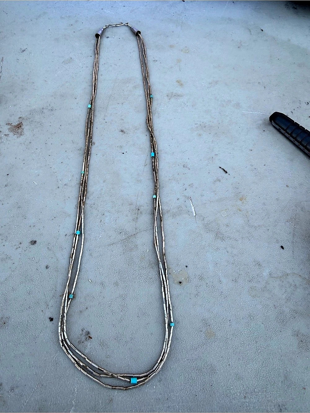 Vintage Native American Sterling Liquid Silver 3 Strand Turquoise Necklace #413